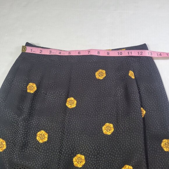 Black Silk Yellow Floral Pattern 100% Silk Shell Mid-Calf Pencil Skirt Size 4 - Picture 3 of 5